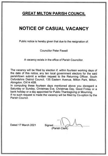  - Notice of Casual Vacancy